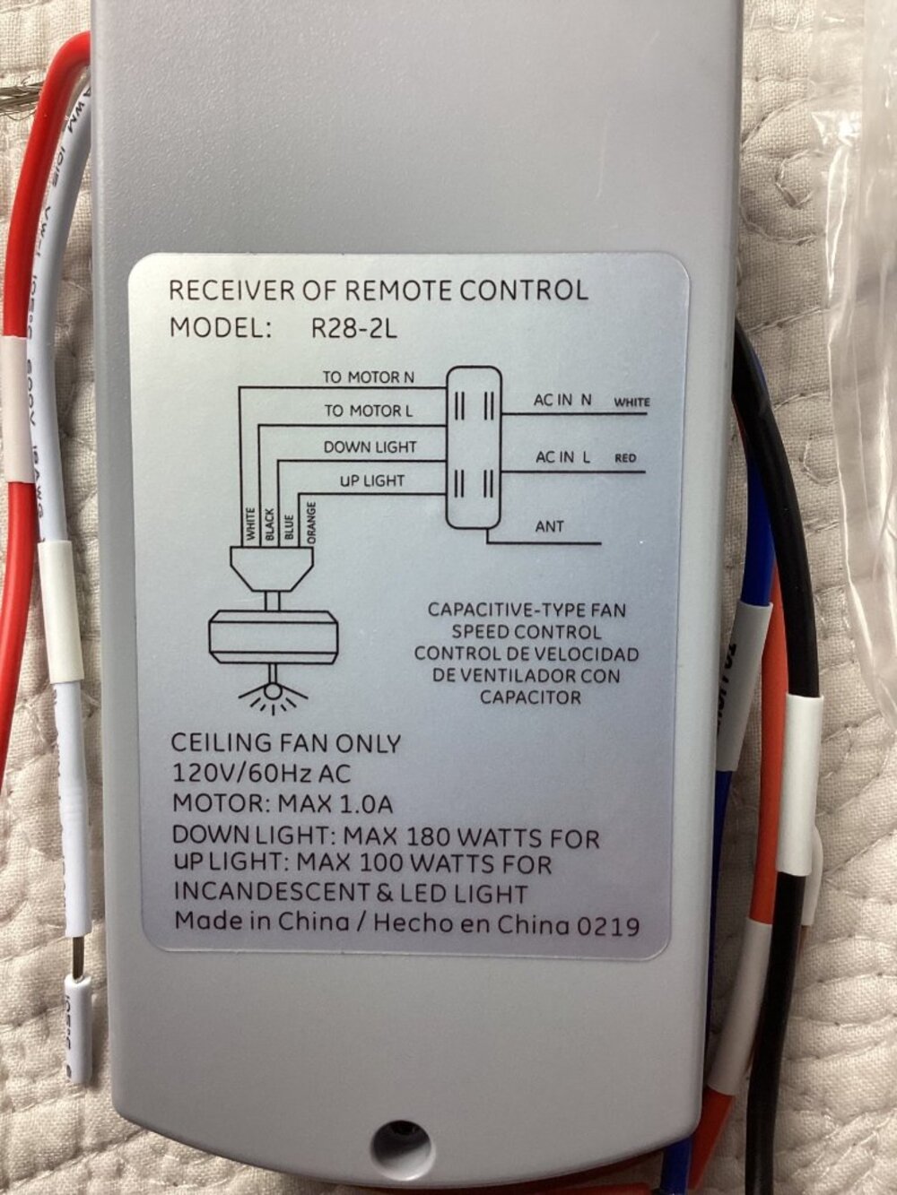 Ceiling Fan Remote Control Kit*Receiver*Model R28-2L*Speed*Light Control*NWB - Picture 5 of 5